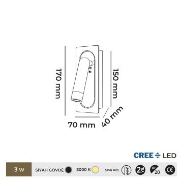MOLLED MOL8035 3 Watt Siyah Yatak Başı LED Aplik - Gün Işığı (3000K)