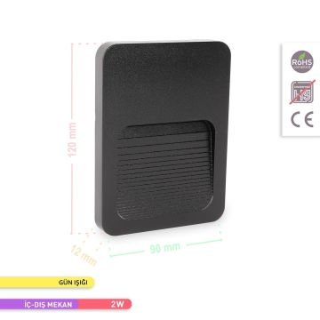 ACK AH07-01401 2 Watt Siyah Sıva Üstü Dış Mekan LED Merdiven Armatürü - Gün Işığı (3000K) - PC Gövde