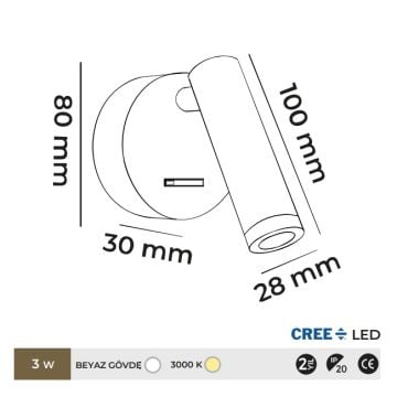 MOLLED MOL8038 3 Watt Beyaz Yatak Başı LED Aplik - Gün Işığı (3000K)