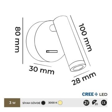 MOLLED MOL8037 3 Watt Siyah Yatak Başı LED Aplik - Gün Işığı (3000K)
