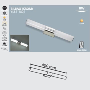 NOAS YL85-1802 8 Watt 40 cm Ayna Üstü LED Aplik - Gün Işığı (3000K)