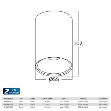 Braytron BH04-00506 5.5x10 cm Mat Gold Sıva Üstü Silindir Spot Kasası (GU10 Duylu)