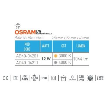 ACK AD40-04211 12 Watt 22 cm Lensli Hareketli LED Magnet Armatür - OSRAM LED - Ilık Beyaz (4000K