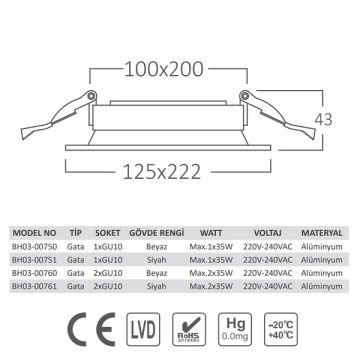 Braytron BH03-00760 Beyaz Sıva Altı İkili Spot Kasası