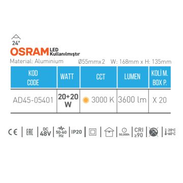 ACK AD45-05401 20+20 Watt İkili OSRAM LED Magnet Ray Spot - Gün Işığı (3000K)