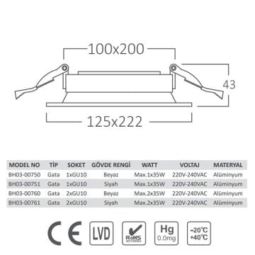 Braytron BH03-00761 Siyah Sıva Altı İkili Spot Kasası