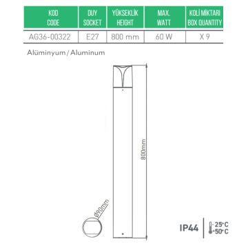 ACK AG36-00322 Selge 80 cm Bollard Armatür - Metal - E27 Duylu