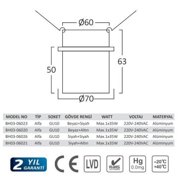 Braytron BH03-06020 Beyaz-Gold Sıva Altı Yuvarlak Spot Kasası