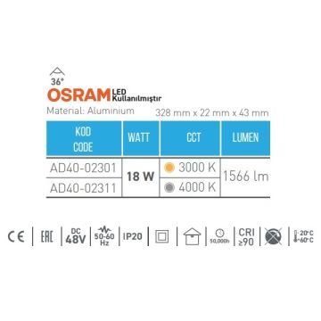 ACK AD40-02301 18 Watt 33 cm Lensli OSRAM LED Magnet Armatür - Gün Işığı (3000K)
