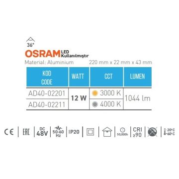 ACK AD40-02211 12 Watt 22 cm Lensli OSRAM LED Magnet Armatür - Ilık Beyaz (4000K