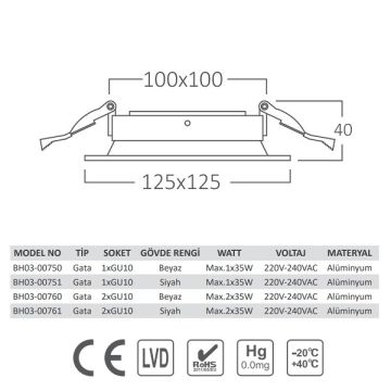 Braytron BH03-00750 Beyaz Sıva Altı Kare Spot Kasası