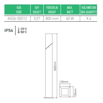 ACK AG36-00512 Karya 80 cm Camlı Bollard Armatür - Metal - E27 Duylu