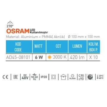 ACK AD45-08101 6 Watt OSRAM LED Küre Magnet Sarkıt Avize - Gün Işığı (3000K)
