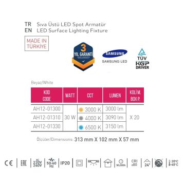 ACK AH12-01300 3x10 Watt 10x31x6 cm Beyaz-Platin Sıva Üstü Üçlü LED Spot - Metal - Gün Işığı (3000K)