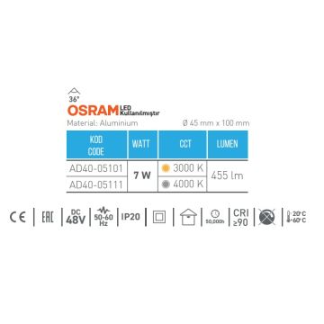 ACK AD40-05111 7 Watt OSRAM LED Magnet Ray Spot - Ilık Beyaz (4000K)