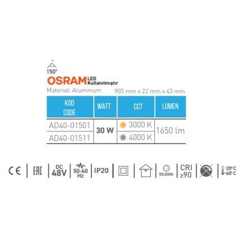 ACK AD40-01511 30 Watt 90 cm OSRAM LED Magnet Armatür - Ilık Beyaz (4000K)