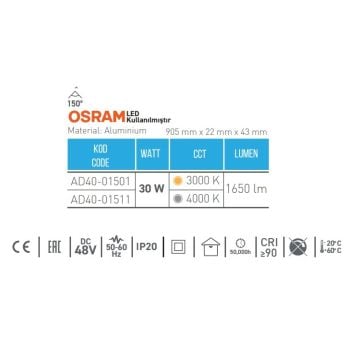 ACK AD40-01501 30 Watt 90 cm OSRAM LED Magnet Armatür - Gün Işığı (3000K)