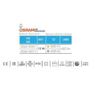 ACK AD40-03211 12 Watt 22 cm OSRAM LED Magnet Armatür - Ilık Beyaz (4000K)