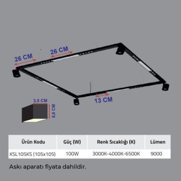 K2 GLOBAL KSL105KS 100 Watt 105x105 cm Sıva Üstü / Sarkıt Mercekli Lineer Armatür (OSRAM LED & TRIDONIC Driver)