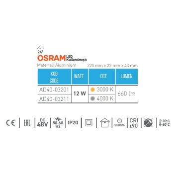 ACK AD40-03201 12 Watt 22 cm OSRAM LED Magnet Armatür - Gün Işığı (3000K)
