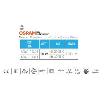 ACK AD40-01311 20 Watt 60 cm OSRAM LED Magnet Armatür - Ilık Beyaz (4000K)