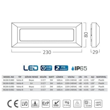 Braytron BG38-01880 3 Watt Beyaz Kasa Sıva Üstü Dikdörtgen Dış Mekan LED Merdiven Armatürü - 3 Işık Renkli (Beyaz + Ilık Beyaz + Gün Işığı)