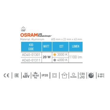 ACK AD40-01301 20 Watt 60 cm OSRAM LED Magnet Armatür - Gün Işığı (3000K)