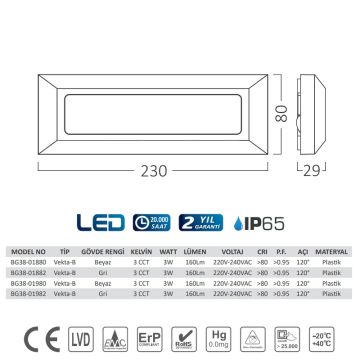 Braytron BG38-01882 3 Watt Gri Kasa Sıva Üstü Dikdörtgen Dış Mekan LED Merdiven Armatürü - 3 Işık Renkli (Beyaz + Ilık Beyaz + Gün Işığı)