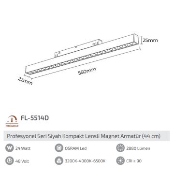 FORLIFE FL-5514D 24 Watt 44 cm Pro Seri Siyah Lensli Dimli OSRAM LED Magnet Armatür