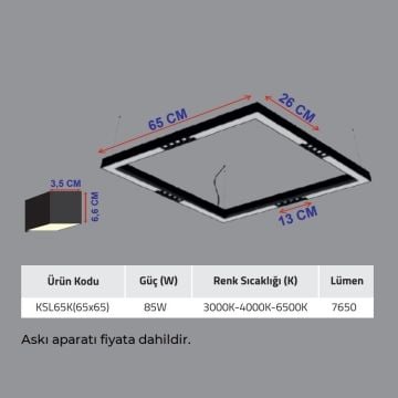 K2 GLOBAL KSL65K 85 Watt 65x65 cm Sıva Üstü/Sarkıt Mercekli Lineer Armatür (OSRAM LED & TRIDONIC Driver)