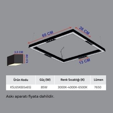 K2 GLOBAL KSL65K 85 Watt 65x65 cm Sıva Üstü / Sarkıt Mercekli Lineer Armatür (OSRAM LED & TRIDONIC Driver)