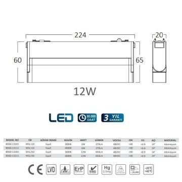 Braytron BD60-13211 12 Watt 22 cm Lensli Hareketli LED Magnet Armatür - Ilık Beyaz (4000K)