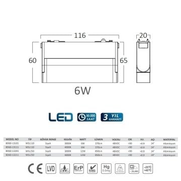 Braytron BD60-13111 6 Watt 12 cm Lensli Hareketli LED Magnet Armatür - Ilık Beyaz (4000K)