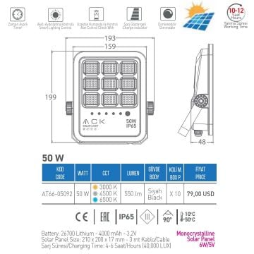 ACK AT66-05092 50 Watt Solar Projektör - 3 Işık Renkli (Beyaz + Ilık Beyaz + Gün Işığı)