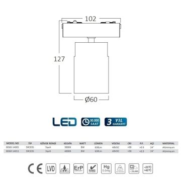 Braytron BD60-14001 8 Watt LED Magnet Spot - Gün Işığı (3000K)