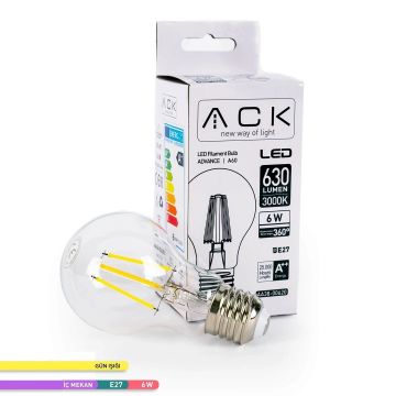 ACK AA38-00620 6 Watt Şeffaf Camlı LED Rustik Ampul - Gün Işığı (3000K)