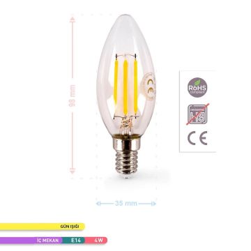 ACK AA36-00410 4 Watt Şeffaf Camlı LED Rustik Mum Ampul - Gün Işığı (3000K)