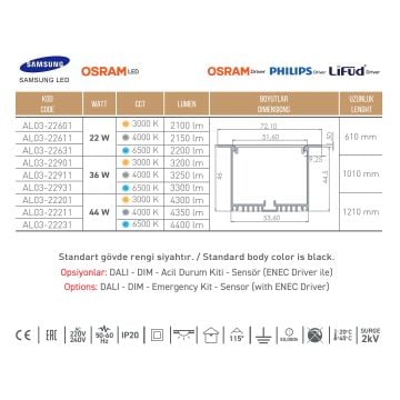 ACK AL03-22211 44 Watt 121 cm Sıva Altı Lineer Armatür - SAMSUNG/OSRAM LED & OSRAM/PHILIPS/LIFUD Driver - Ilık Beyaz (4000K)