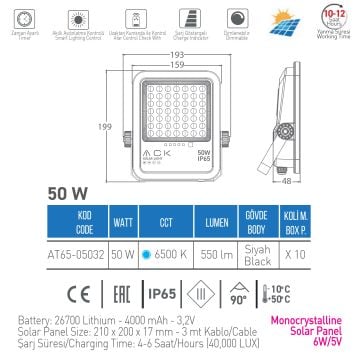 ACK AT65-05032 50 Watt Solar Projektör - Beyaz Işık (6500K)