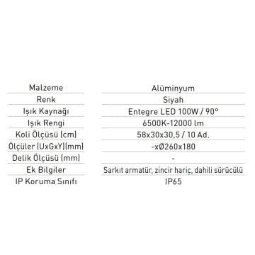 JUPITER LC100 S 100 Watt LED Yüksek Tavan Armatürü - Beyaz Işık (6500K)