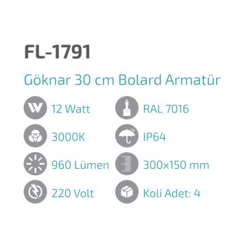 FORLIFE FL-1791 Göknar 12 Watt 30 cm LED Bollard Armatür - Metal - Gün Işığı (3000K)