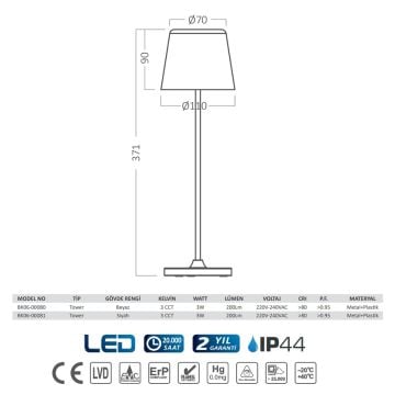 Braytron BK06-00081 Siyah 3 Watt LED Masa Lambası - 3 Işık Renkli (Beyaz + Ilık Beyaz + Gün Işığı)