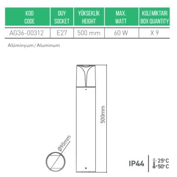 ACK AG36-00312 Selge 50 cm Bollard Armatür - Metal - E27 Duylu