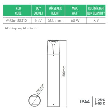 ACK AG36-00312 Selge 50 cm Bollard Armatür - Metal - E27 Duylu