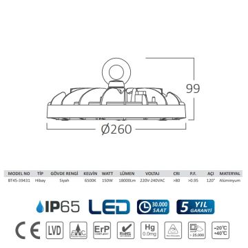 Braytron BT45-39431 150 Watt LED Yüksek Tavan Armatürü - Beyaz Işık (6500K)