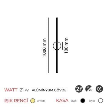MOLLED MOL8318 Siyah/Beyaz Kasa 21 Watt 100 cm LED Çubuk Aplik - Gün Işığı (3000K)