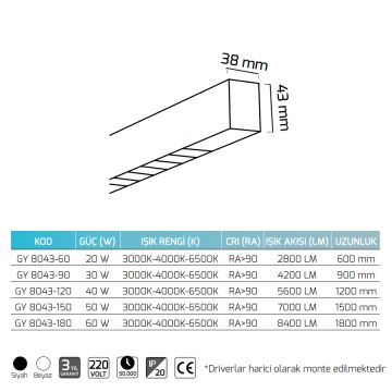GOYA GY 8043-60 Siyah/Beyaz Kasa 20 Watt 60 cm LED Lensli Lineer Sarkıt Armatür