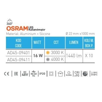 ACK AD45-09401 16 Watt 100 cm OSRAM LED Magnet Armatür - Gün Işığı (3000K)