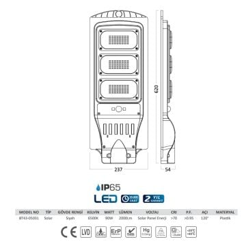 Braytron BT43-05031 90 Watt LED Solar Sokak Armatürü - Beyaz Işık (6500K)