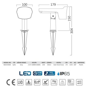 Braytron BG36-00582 12 LED Solar Çim Armatürü - Çift Işık Renkli (Beyaz + Gün Işığı)